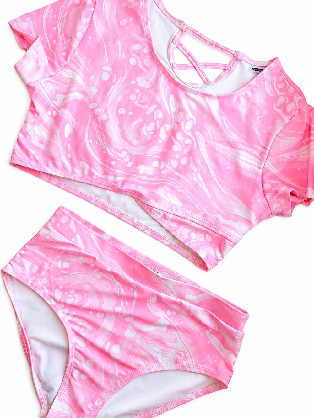 Old Navy Pink Marble Short Sleeve Bikini Shirt Swimsuit Set Girls Size L 10-12